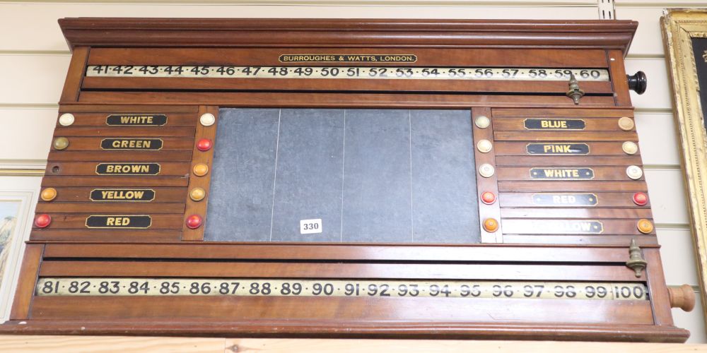 A Burroughes and Watts, London, mahogany snooker scoreboard